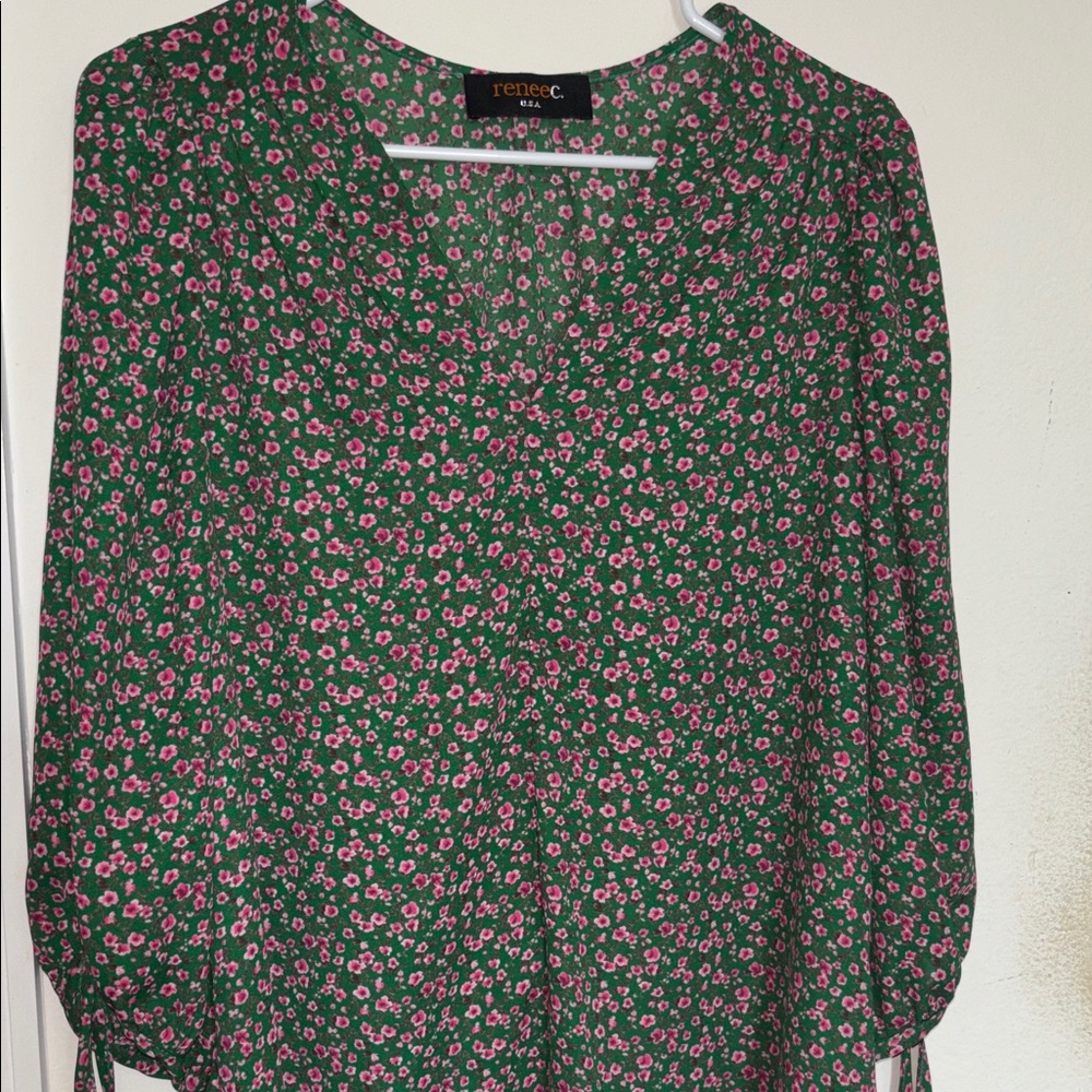 Renee C. Green V-Neck Blouse with Pink Floral Print